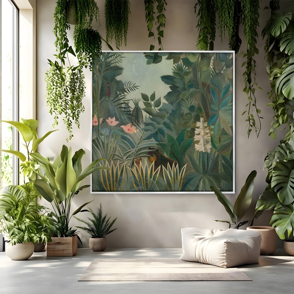 Tablou canvas cu pictura decorativa cu peisaj de jungla, in rama de aluminiu argintiu